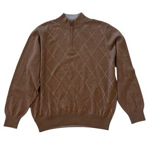 Peter Millar Camel Tan Argyle Wool Knit Sweater 1/4 Zip Long Sleeve Large